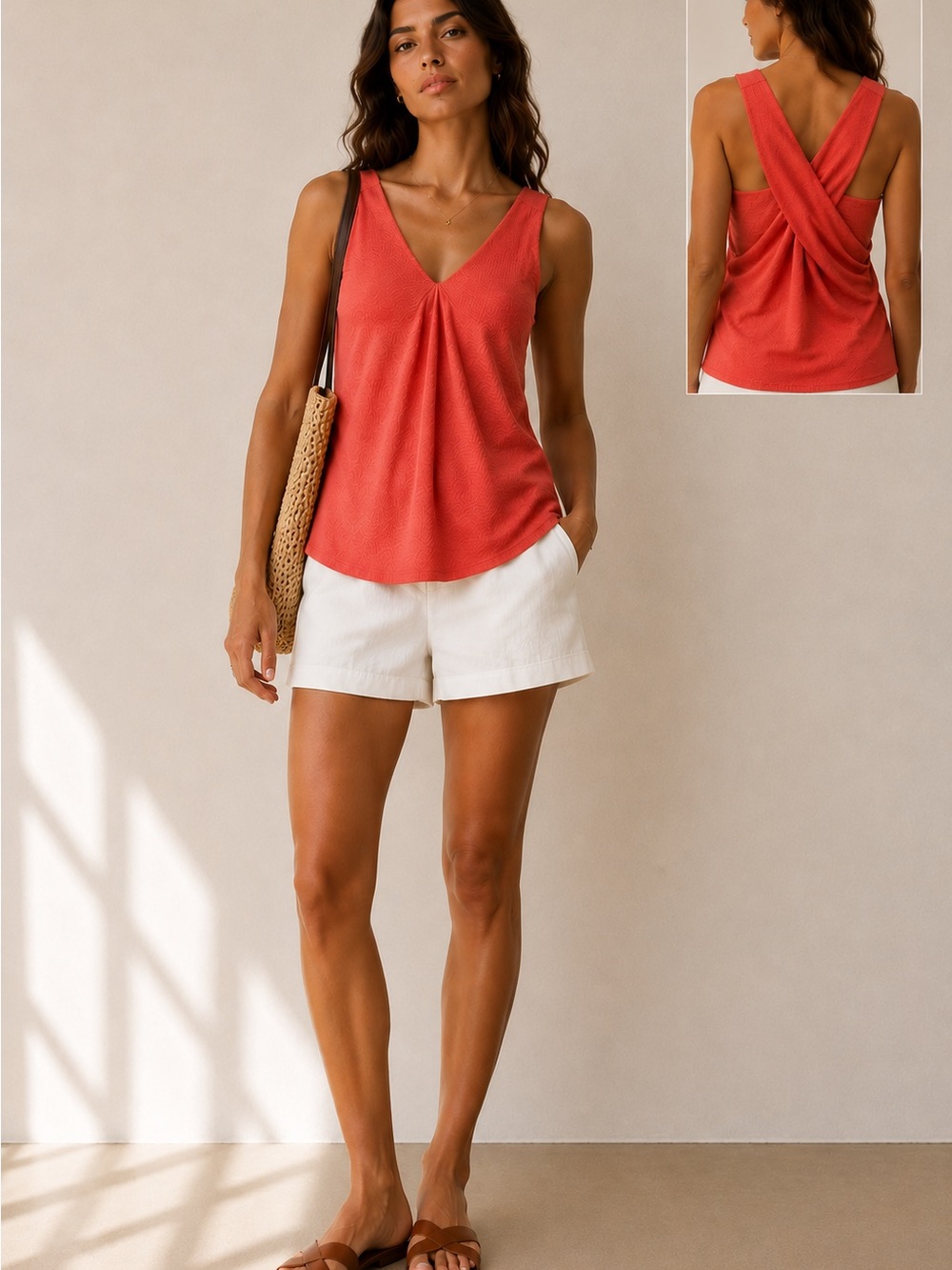 RO & DE Coral Textured Sleeveless Top Criss Cross Back NWT Medium